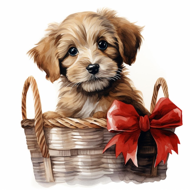 there is a dog sitting in a basket with a red bow generative ai