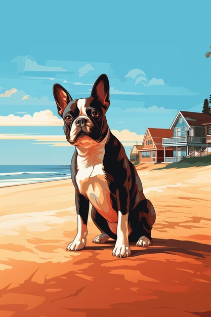 There is a dog sitting on the beach near the water generative ai