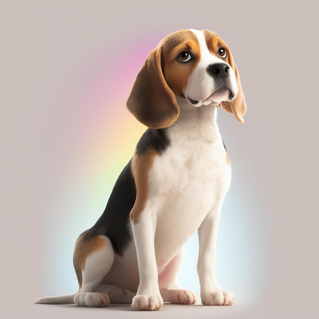 There is a dog sitting on the ground with a rainbow in the background generative ai