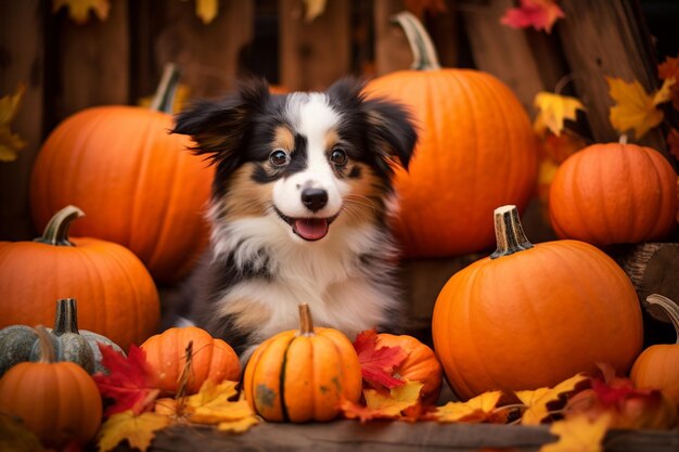 there is a dog sitting among pumpkins and other fall leaves generative ai