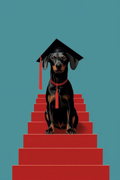 Photo there is a dog sitting on a red stair with a graduation cap on top generative ai