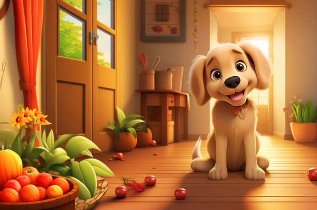 There is a dog sitting in a room with fruits and vegetables generative ai