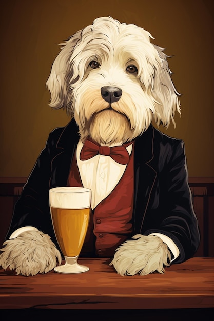 there is a dog sitting at a table with a glass of beer generative ai