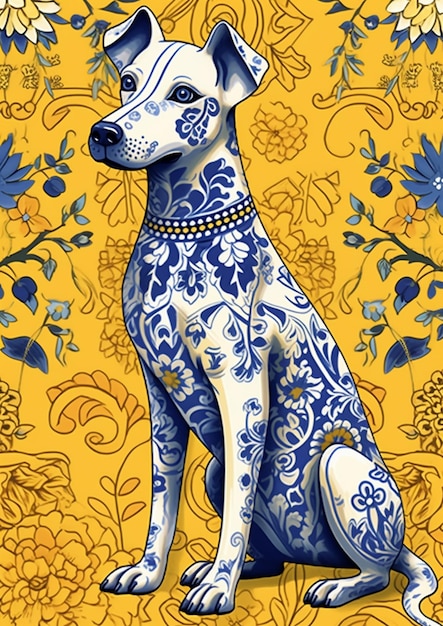 There is a dog sitting on a yellow and blue floral background generative ai