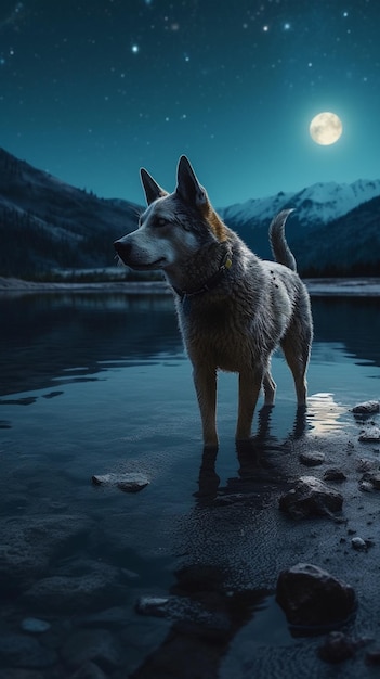 夜に湖の岸に立っている犬がいます