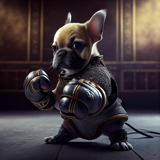 there is a dog that is dressed in armor and holding a ball. generative ai.