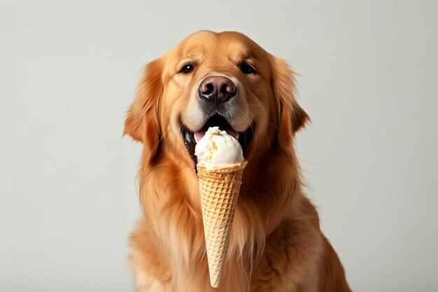 Foto c'è un cane che sta mangiando un cono di gelato generativo ai