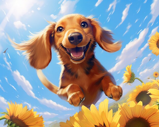 there is a dog that is jumping in the air over some sunflowers generative ai