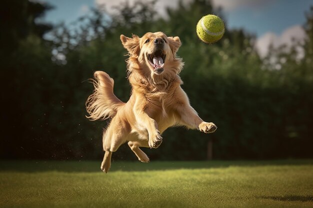 there is a dog that is jumping in the air with a tennis ball generative ai