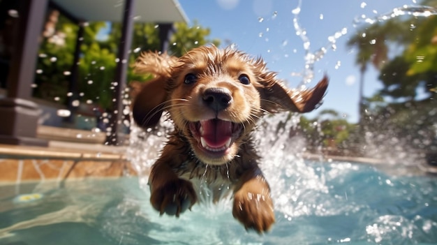 수영장 생성 AI에서 물속으로 뛰어드는 개가 있습니다.