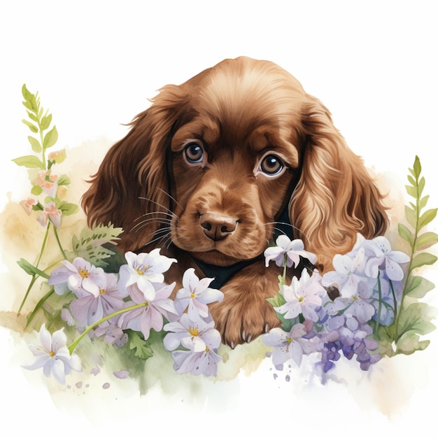 There is a dog that is laying down in the flowers generative ai