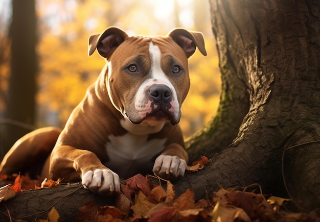 葉の中に犬が横たわっている