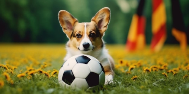 축구 공을 가지고 누워있는 개가 있습니다.