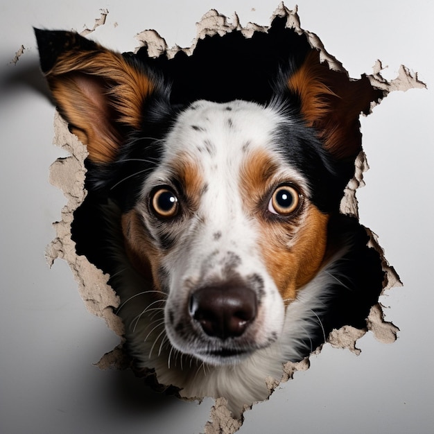 there is a dog that is looking through a hole in the wall generative ai