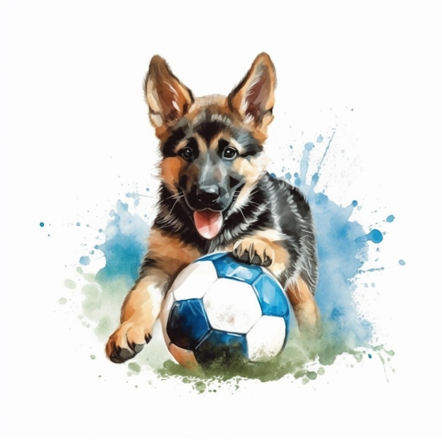 축구공 인공지능과 놀고 있는 개가 있습니다.