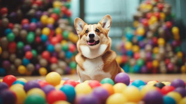 There is a dog that is sitting in a ball pit generative ai