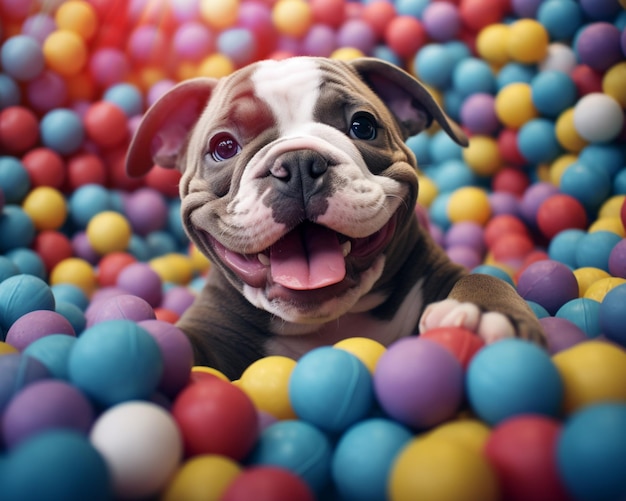 There is a dog that is sitting in a ball pit generative ai