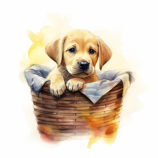 Photo there is a dog that is sitting in a basket with a blanket generative ai