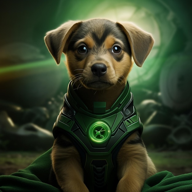 there is a dog that is sitting down with a green lantern on his chest generative ai