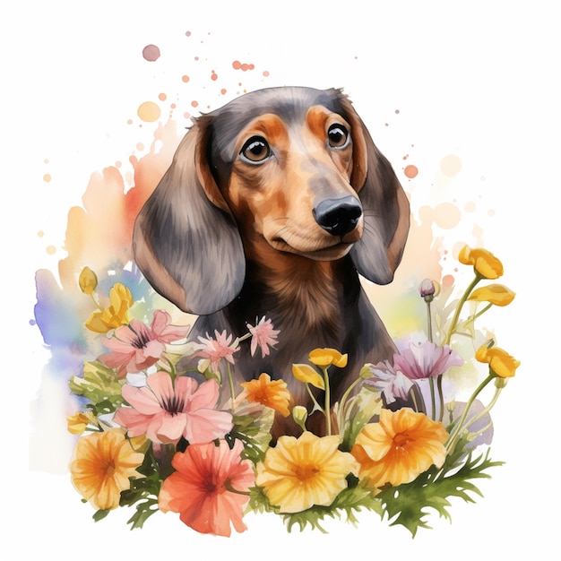 There is a dog that is sitting in the flowers generative ai