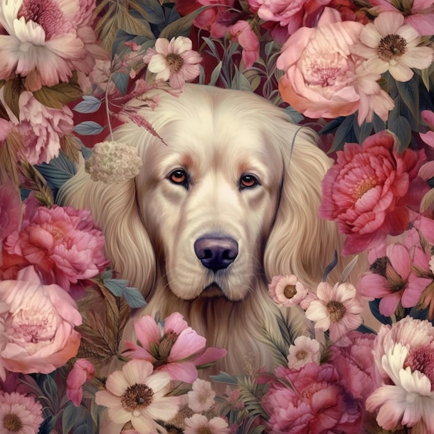 There is a dog that is sitting in a flowery field generative ai