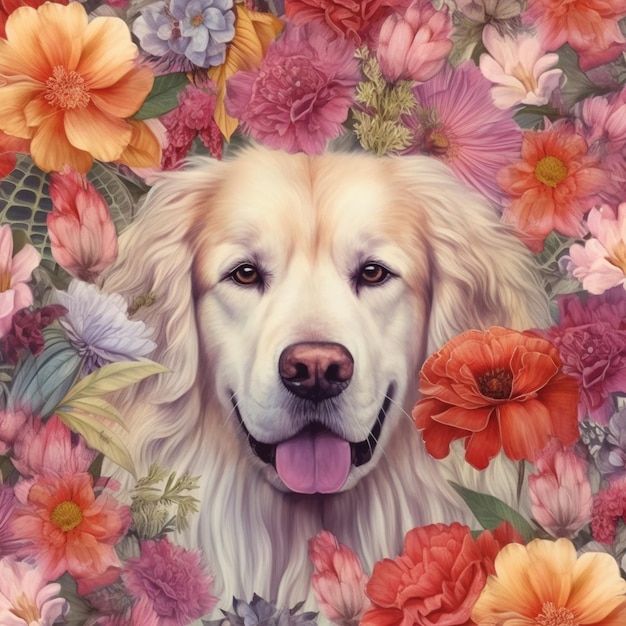 Есть собака, которая сидит в цветущем поле, генерирующем искусственный интеллект.