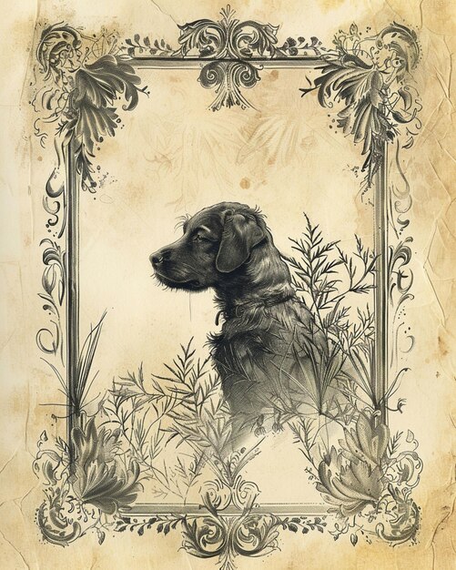 Photo there is a dog that is sitting in a frame with flowers generative ai