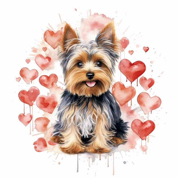 There is a dog that is sitting in front of hearts generative ai