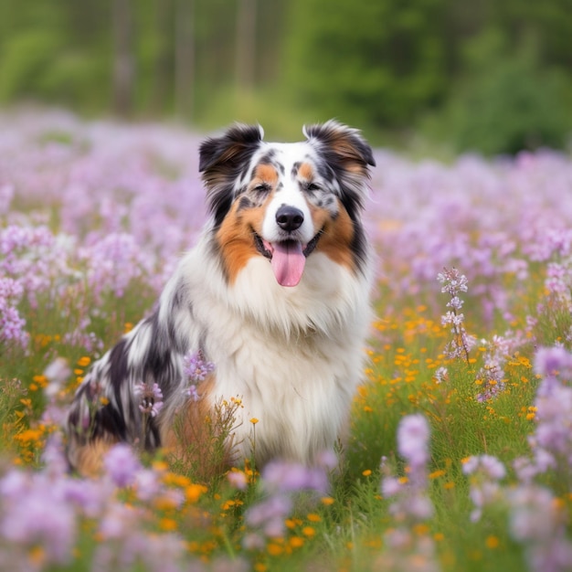 Там есть собака, которая сидит в траве с цветами генеративной ай.