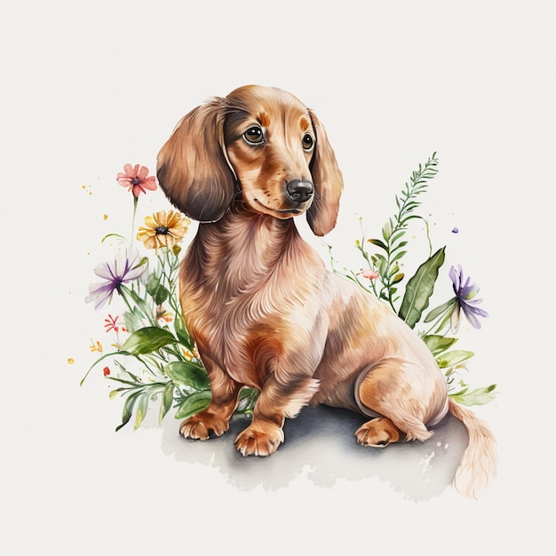Photo there is a dog that is sitting in the grass with flowers generative ai