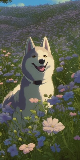 There is a dog that is sitting in the grass with flowers generative ai