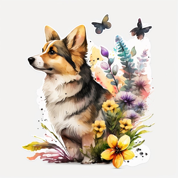 There is a dog that is sitting in the grass with flowers generative ai