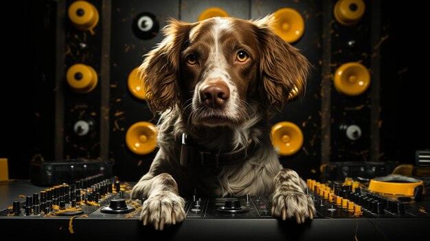 there is a dog that is sitting on a keyboard with a lot of buttons generative ai