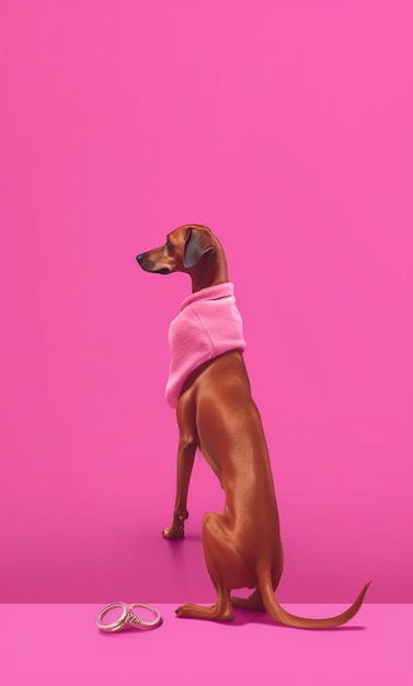 Photo there is a dog that is sitting on a pink surface generative ai