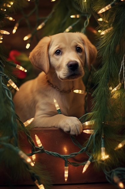 Photo there is a dog that is sitting in a pot with lights generative ai