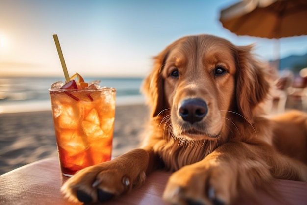 there is a dog that is sitting at a table with a drink generative ai