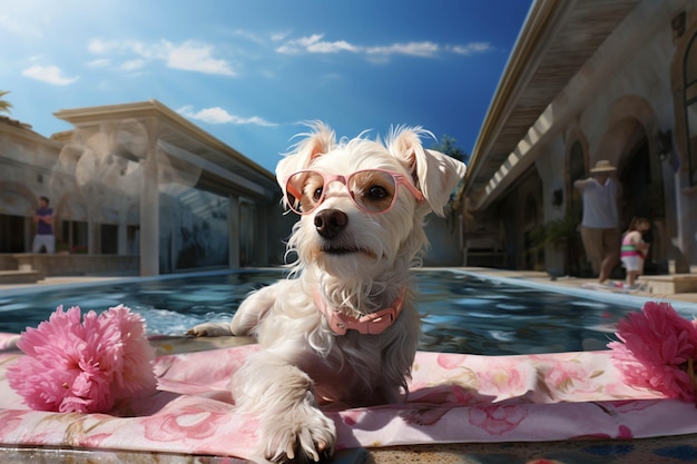 There is a dog that is sitting on a towel by the pool generative ai