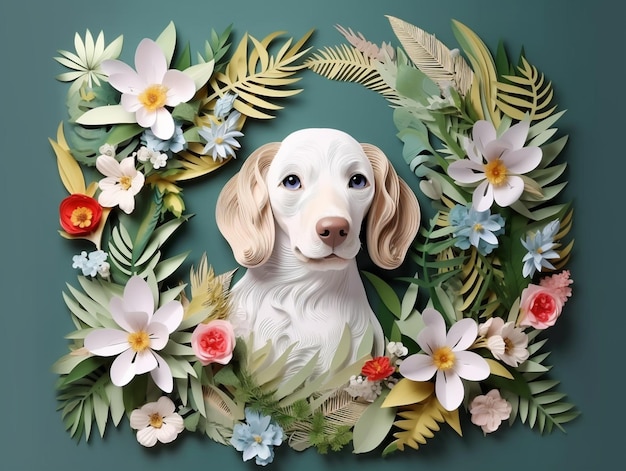 There is a dog that is sitting in a wreath of flowers generative ai