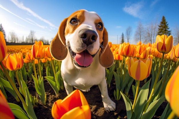 there is a dog that is standing in a field of flowers generative ai