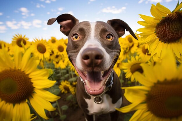 There is a dog that is standing in a field of sunflowers generative ai