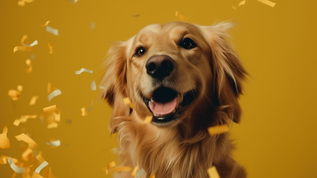 There is a dog that is standing in front of confetti generative ai