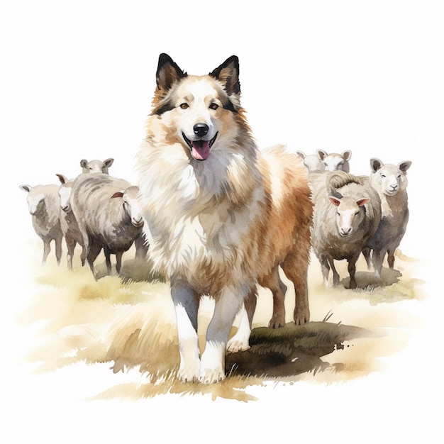 There is a dog that is standing in front of a herd of sheep generative ai