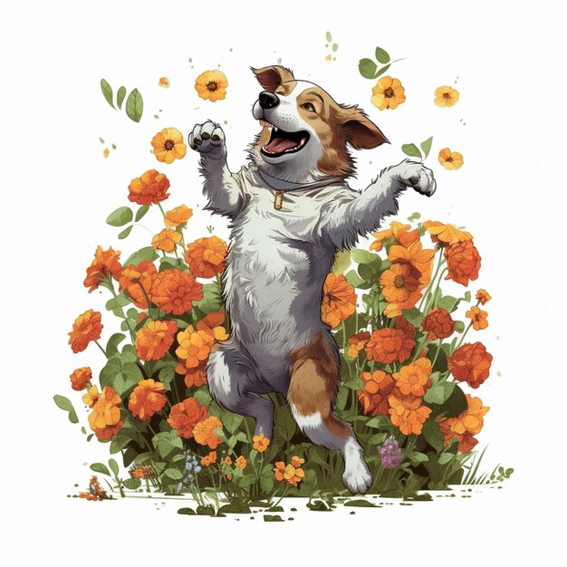 There is a dog that is standing up in the flowers generative ai