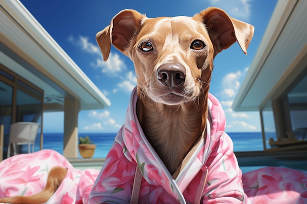 There is a dog that is wearing a pink robe on the beach generative ai