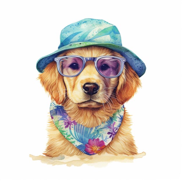 Photo there is a dog wearing a hat and glasses on a white background generative ai