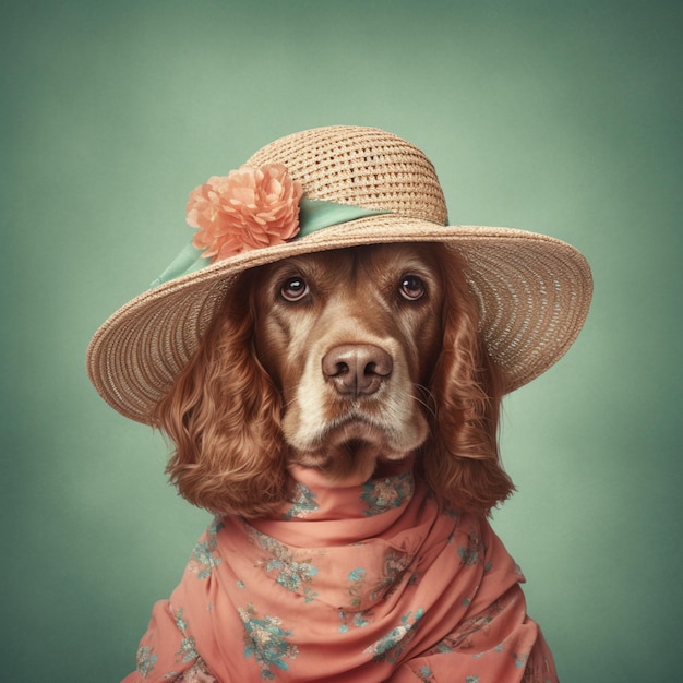 Foto c'è un cane che indossa un cappello e una sciarpa con sopra un fiore generativo ai
