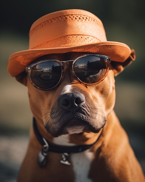 there is a dog wearing a hat and sunglasses on a leash generative ai