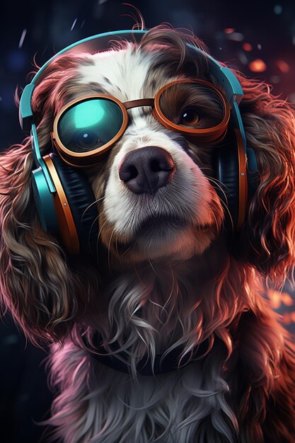 there is a dog wearing headphones and glasses with a fire in the background generative ai