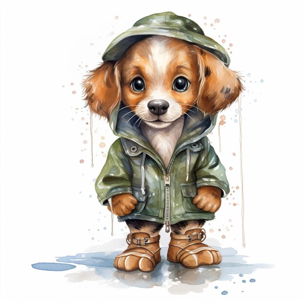 there is a dog wearing a jacket and boots standing in the rain generative ai