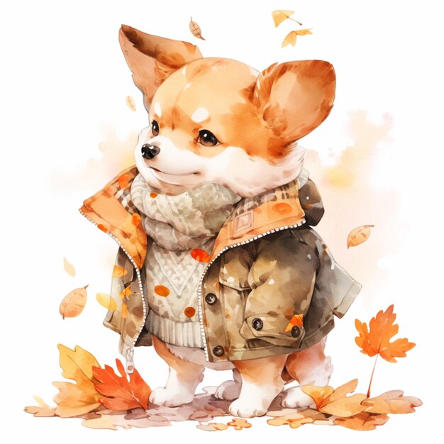 there is a dog wearing a jacket and scarf in the leaves generative ai